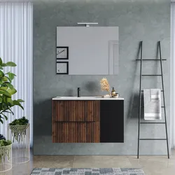 Mobile bagno sospeso 100 cm due cassetti noce maya effetto cannettato con anta nero satinato e lavabo in ceramica sx - Lameck