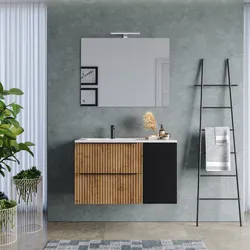 Mobile bagno sospeso 100 cm due cassetti rovere africa effetto cannettato con anta nero satinato e lavabo in ceramica sx - Lameck