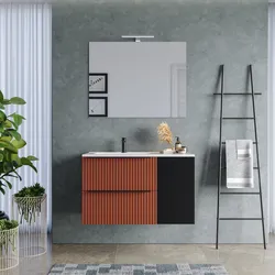 Mobile bagno sospeso 100 cm due cassetti terrarossa effetto cannettato con anta nero satinato e lavabo in ceramica sx - Lameck