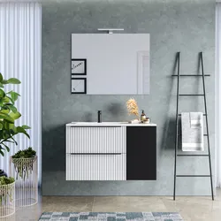 Mobile bagno sospeso 100 cm due cassetti bianco opaco effetto cannettato con anta nero satinato e lavabo in ceramica sx - Lameck