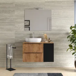 Mobile bagno sospeso 100 cm due cassetti rovere gold effetto cannettato con anta nero satinato e top con specchio - Lameck