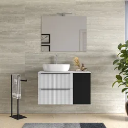 Mobile bagno sospeso 100 cm due cassetti bianco opaco effetto cannettato con anta nero satinato e top con specchio - Lameck