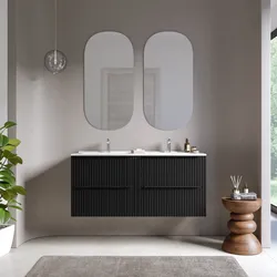 Mobile bagno sospeso 120 cm quattro cassetti nero opaco effetto cannettato con lavabo in ceramica e specchio - Lameck
