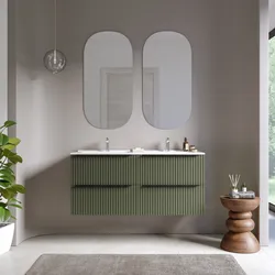 Mobile bagno sospeso 120 cm quattro cassetti verde selva effetto cannettato con lavabo in ceramica e specchio - Lameck