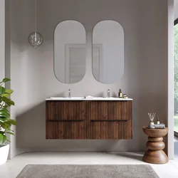 Mobile bagno sospeso 120 cm quattro cassetti noce maya effetto cannettato con lavabo in ceramica e specchio - Lameck
