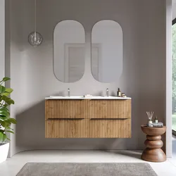 Mobile bagno sospeso 120 cm quattro cassetti rovere africa effetto cannettato con lavabo in ceramica e specchio - Lameck