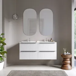 Mobile bagno sospeso 120 cm quattro cassetti bianco opaco effetto cannettato con lavabo in ceramica e specchio - Lameck