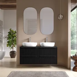 Mobile bagno sospeso 120 cm quattro cassetti nero opaco effetto cannettato con top e specchio - Lameck
