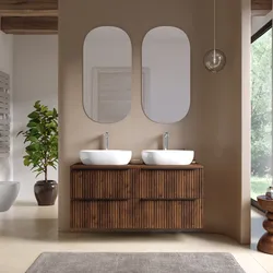 Mobile bagno sospeso 120 cm quattro cassetti noce maya effetto cannettato con top e specchio - Lameck