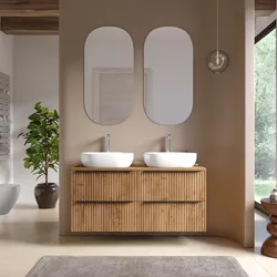 Mobile bagno sospeso 120 cm quattro cassetti rovere gold effetto cannettato con top e specchio - Lameck