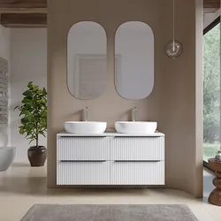 Mobile bagno sospeso 120 cm quattro cassetti bianco opaco effetto cannettato e top con specchio - Lameck