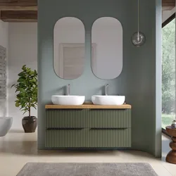Mobile bagno sospeso 120 cm quattro cassetti verde selva effetto cannettato con top rovere gold con specchio - Lameck