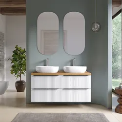 Mobile bagno sospeso 120 cm quattro cassetti bianco opaco effetto cannettato e top rovere gold con specchio - Lameck