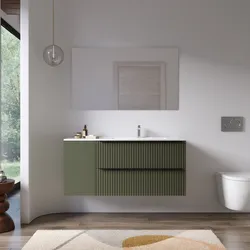 Mobile bagno sospeso 120 cm due cassetti verde selva effetto cannettato con anta e lavabo dx con specchio - Lameck