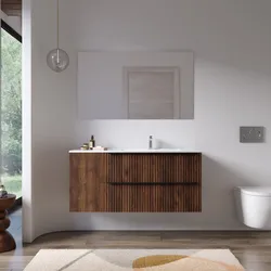 Mobile bagno sospeso 120 cm due cassetti noce maya effetto cannettato con anta e lavabo dx con specchio - Lameck