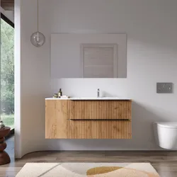 Mobile bagno sospeso 120 cm due cassetti rovere africa effetto cannettato con anta e lavabo dx con specchio - Lameck