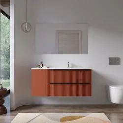 Mobile bagno sospeso 120 cm due cassetti terrarossa effetto cannettato con anta e lavabo dx con specchio - Lameck