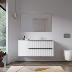 Mobile bagno sospeso 120 cm due cassetti bianco opaco effetto cannettato con anta e lavabo dx con specchio - Lameck