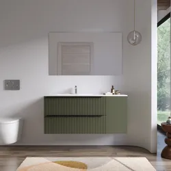 Mobile bagno sospeso 120 cm due cassetti verde selva effetto cannettato con anta e lavabo sx con specchio - Lameck