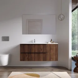 Mobile bagno sospeso 120 cm due cassetti noce maya effetto cannettato con anta e lavabo sx con specchio - Lameck