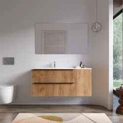 Mobile bagno sospeso 120 cm due cassetti rovere africa effetto cannettato con anta e lavabo sx con specchio - Lameck