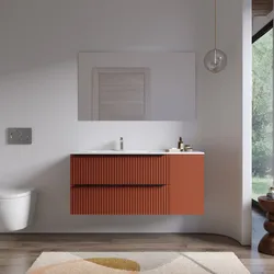 Mobile bagno sospeso 120 cm due cassetti terrarossa effetto cannettato con anta e lavabo sx con specchio - Lameck