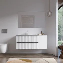 Mobile bagno sospeso 120 cm due cassetti bianco opaco effetto cannettato con anta e lavabo sx con specchio - Lameck