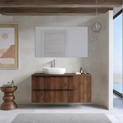 Mobile bagno sospeso 120 cm due cassetti noce maya effetto cannettato con anta e top con specchio - Lameck
