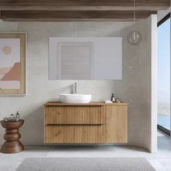 Mobile bagno sospeso 120 cm due cassetti rovere gold effetto cannettato con anta e top con specchio - Lameck