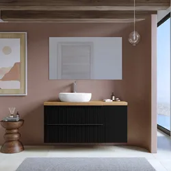 Mobile bagno sospeso 120 cm due cassetti nero opaco effetto cannettato con anta e top rovere gold con specchio - Lameck