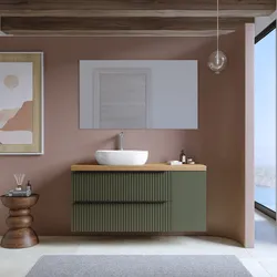 Mobile bagno sospeso 120 cm due cassetti verde selva effetto cannettato con anta e top rovere gold con specchio - Lameck
