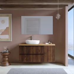 Mobile bagno sospeso 120 cm due cassetti noce maya effetto cannettato con anta e top rovere gold con specchio - Lameck