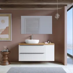 Mobile bagno sospeso 120 cm due cassetti bianco opaco effetto cannettato con anta e top rovere gold con specchio - Lameck