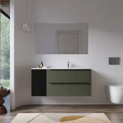 Mobile bagno sospeso 120 cm due cassetti verde selva effetto cannettato con anta nero satinato e lavabo dx con specchio - Lameck