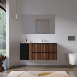 Mobile bagno sospeso 120 cm due cassetti noce maya effetto cannettato con anta nero satinato e lavabo dx con specchio - Lameck