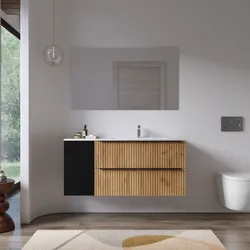 Mobile bagno sospeso 120 cm due cassetti rovere africa effetto cannettato con anta nero satinato e lavabo dx con specchio - Lameck
