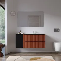 Mobile bagno sospeso 120 cm due cassetti terrarossa effetto cannettato con anta nero satinato e lavabo dx con specchio - Lameck
