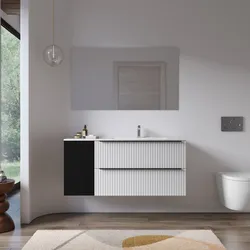 Mobile bagno sospeso 120 cm due cassetti bianco opaco effetto cannettato con anta nero satinato e lavabo dx con specchio - Lameck