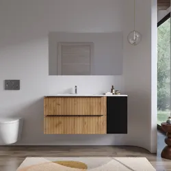 Mobile bagno sospeso 120 cm due cassetti rovere africa effetto cannettato con anta nero satinato e lavabo sx con specchio - Lameck