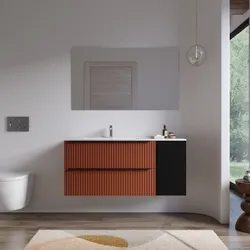 Mobile bagno sospeso 120 cm due cassetti terrarossa effetto cannettato con anta nero satinato e lavabo sx con specchio - Lameck