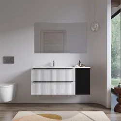 Mobile bagno sospeso 120 cm due cassetti bianco opaco effetto cannettato con anta nero satinato e lavabo sx con specchio - Lameck