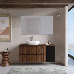 Mobile bagno sospeso 120 cm due cassetti noce maya effetto cannettato con anta nero satinato e top con specchio - Lameck
