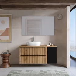 Mobile bagno sospeso 120 cm due cassetti rovere gold effetto cannettato con anta nero satinato e top con specchio - Lameck