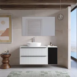 Mobile bagno sospeso 120 cm due cassetti bianco opaco effetto cannettato con anta nero satinato e top con specchio - Lameck