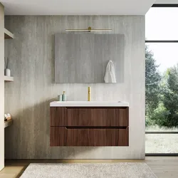 Mobile bagno sospeso 100 cm rovere deciso cannettato con lavabo in ceramica e specchio - Konai plus