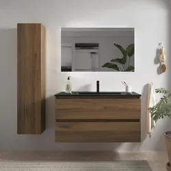 Mobile bagno sospeso 100 cm noce maya con lavabo in ceramica nero opaco e specchio - Anami