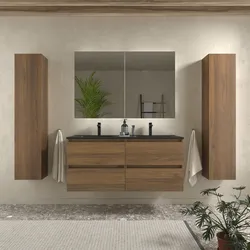 Mobile bagno sospeso 120 cm noce maya con lavabo ceramica doppia vasca nero opaco e specchio - Anami