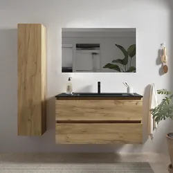 Mobile bagno sospeso 100 cm rovere africa con lavabo integrato nero opaco e specchio - Anami