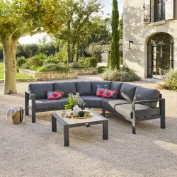 Set relax angolare da esterno 5 posti con tavolino in alluminio grafite e cuscini - Anniki