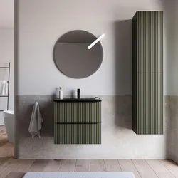Mobile bagno sospeso 60 cm due cassetti verde selva effetto cannettato con lavabo nero opaco e specchio - Lameck